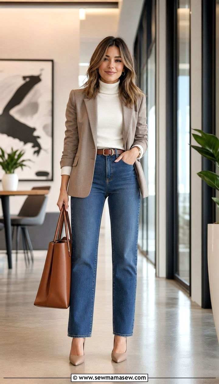 Tailored Blazer With Belted Straight Leg Jeans - 35 Petite outfit ideas with jeans