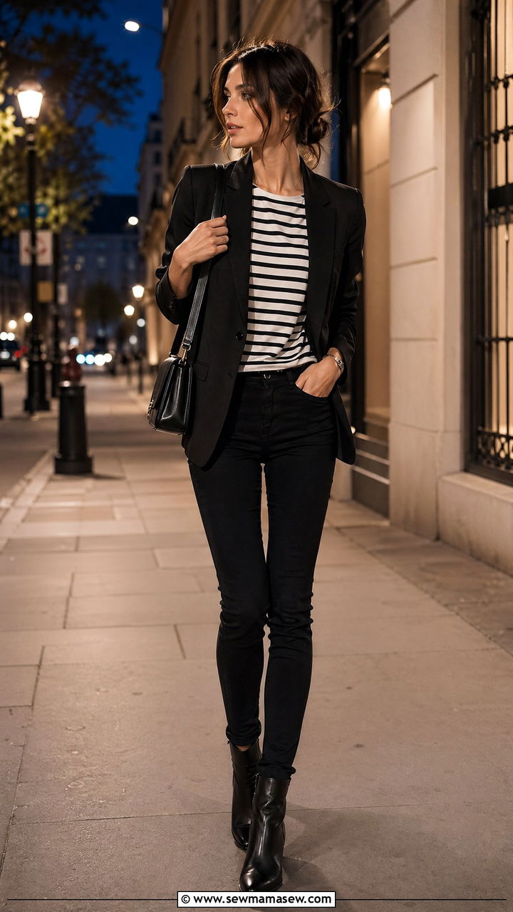 Tailored Blazer With Striped Tee And Black Skinny Jeans - 35 spring parisian outfits