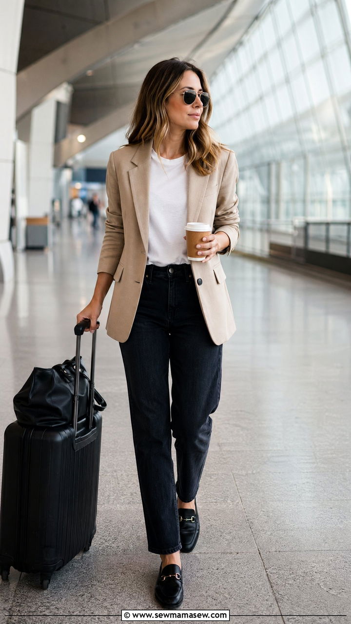 Tailored Blazer and Dark Jeans with Loafers - 35 classy travel outfits