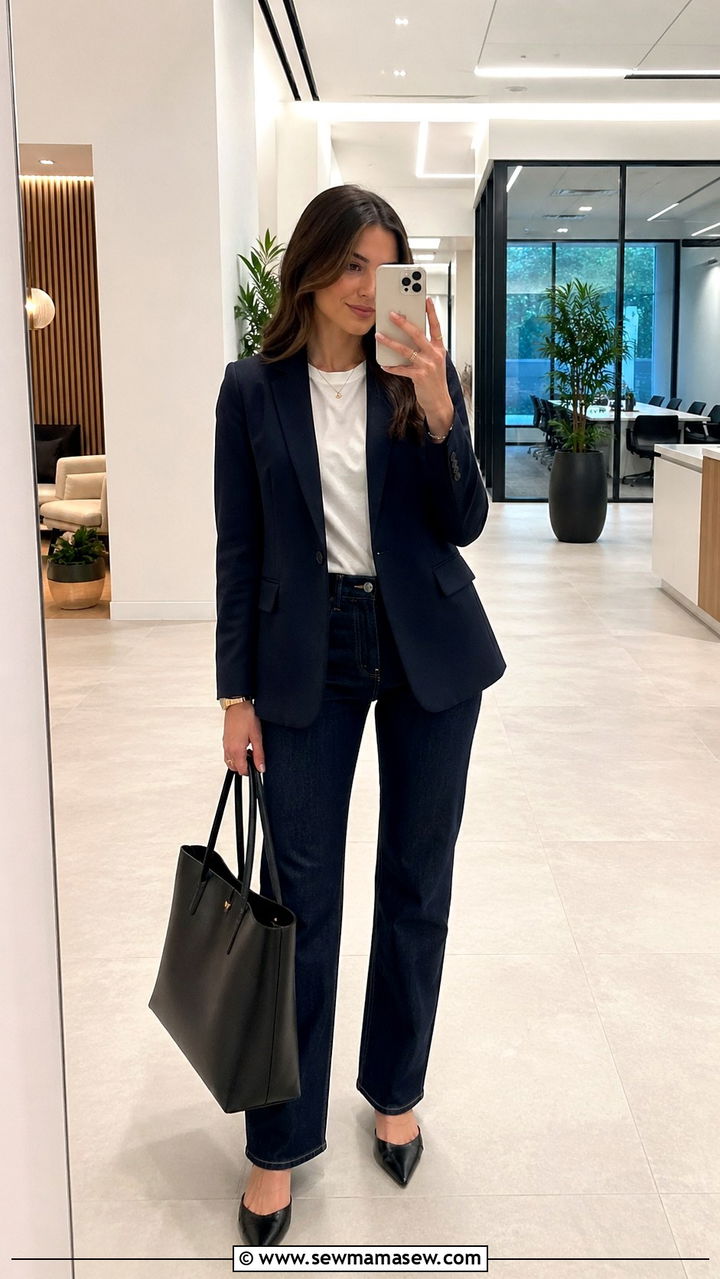 Tailored Blazer and Dark Straight Leg Jeans Outfit for Software Engineers - 30 Software engineer outfit ideas