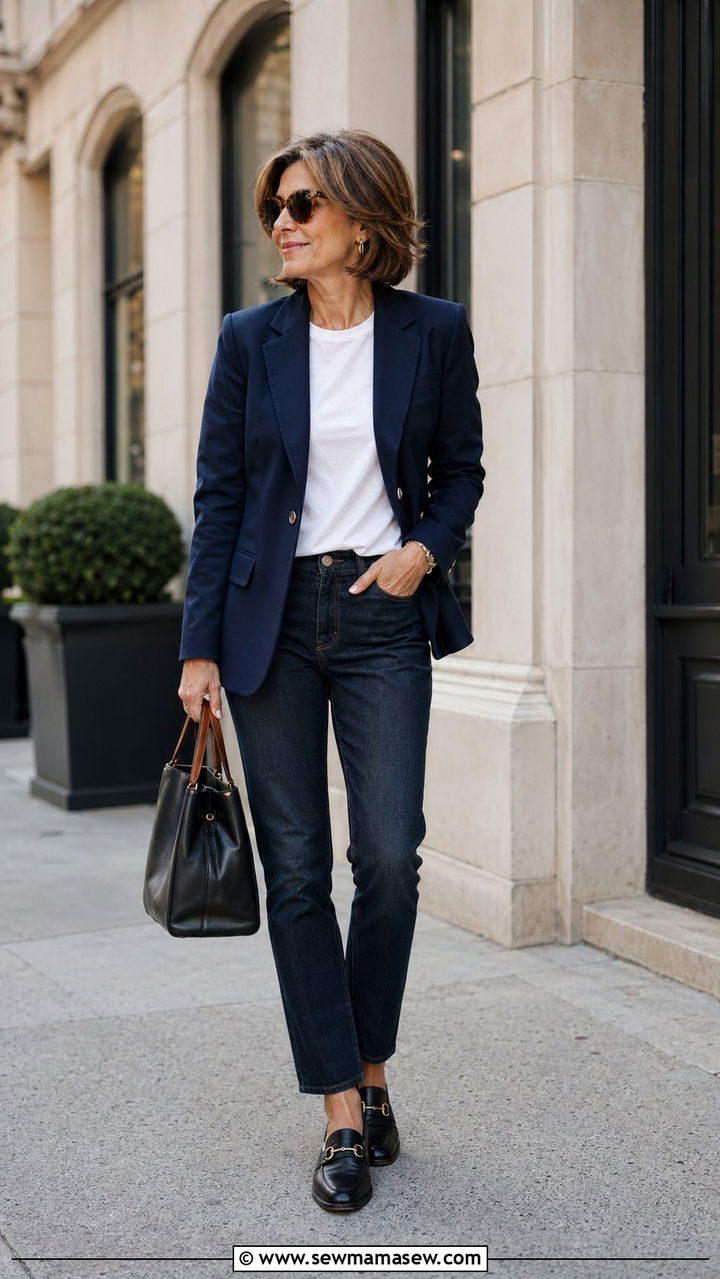Tailored Blazer with Straight Leg Jeans and Loafers - 35 Petite outfit ideas for women over 60