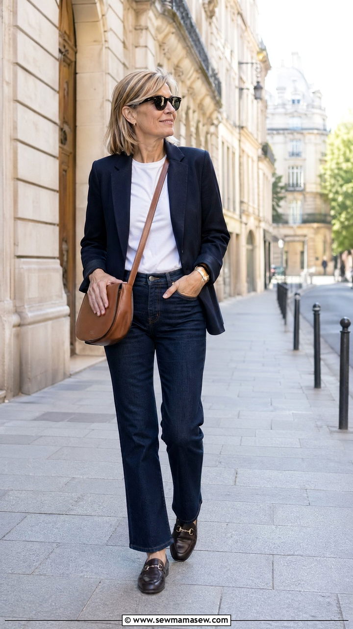 Tailored Blazer with White Tee and Jeans Travel Outfit - 35 Travel outfits for women over 40