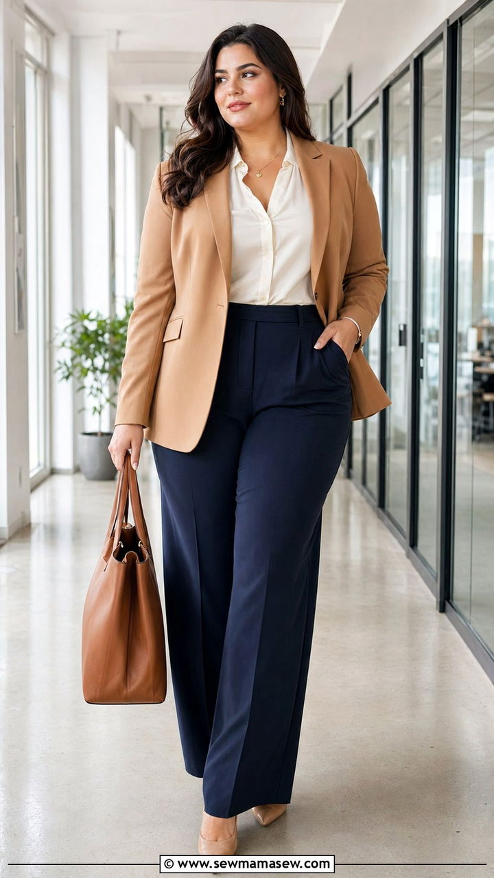 Tailored Blazer with Wide Leg Trousers and Heels - 30 Work outfits for curvy women