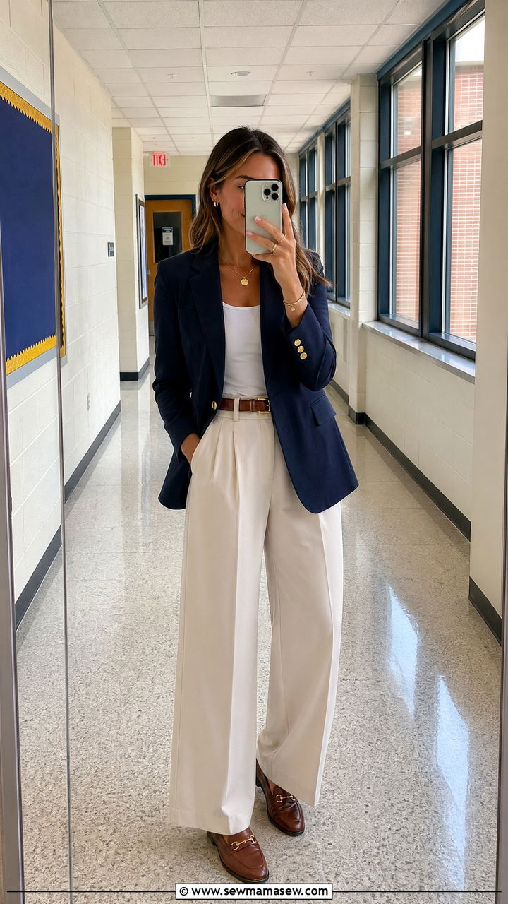 Tailored Blazer with Wide Leg Trousers and Loafers - 35 teacher outfit ideas for women