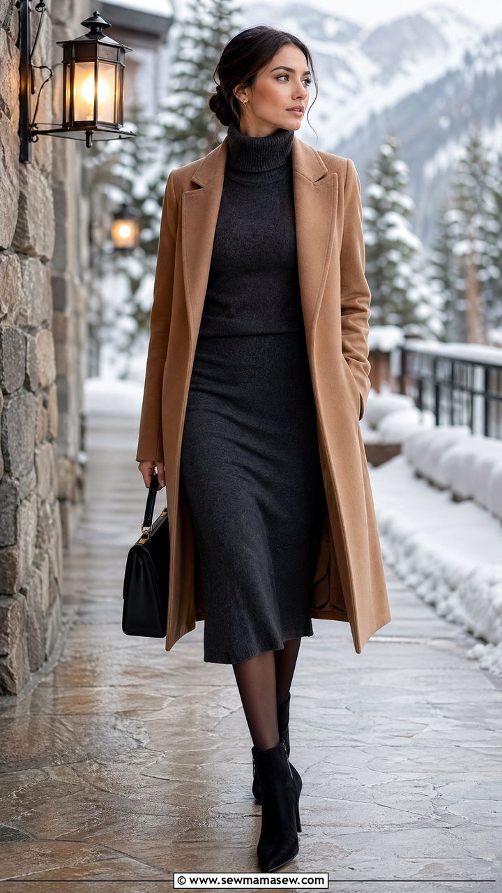 Tailored Coat And Knit Midi Skirt - 35 Ski resort outfit ideas