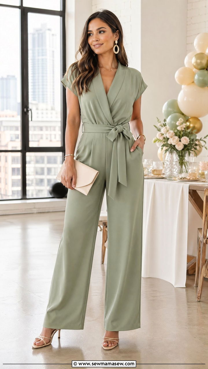 Tailored Jumpsuit with Statement Earrings - 35 cute baby shower outfits