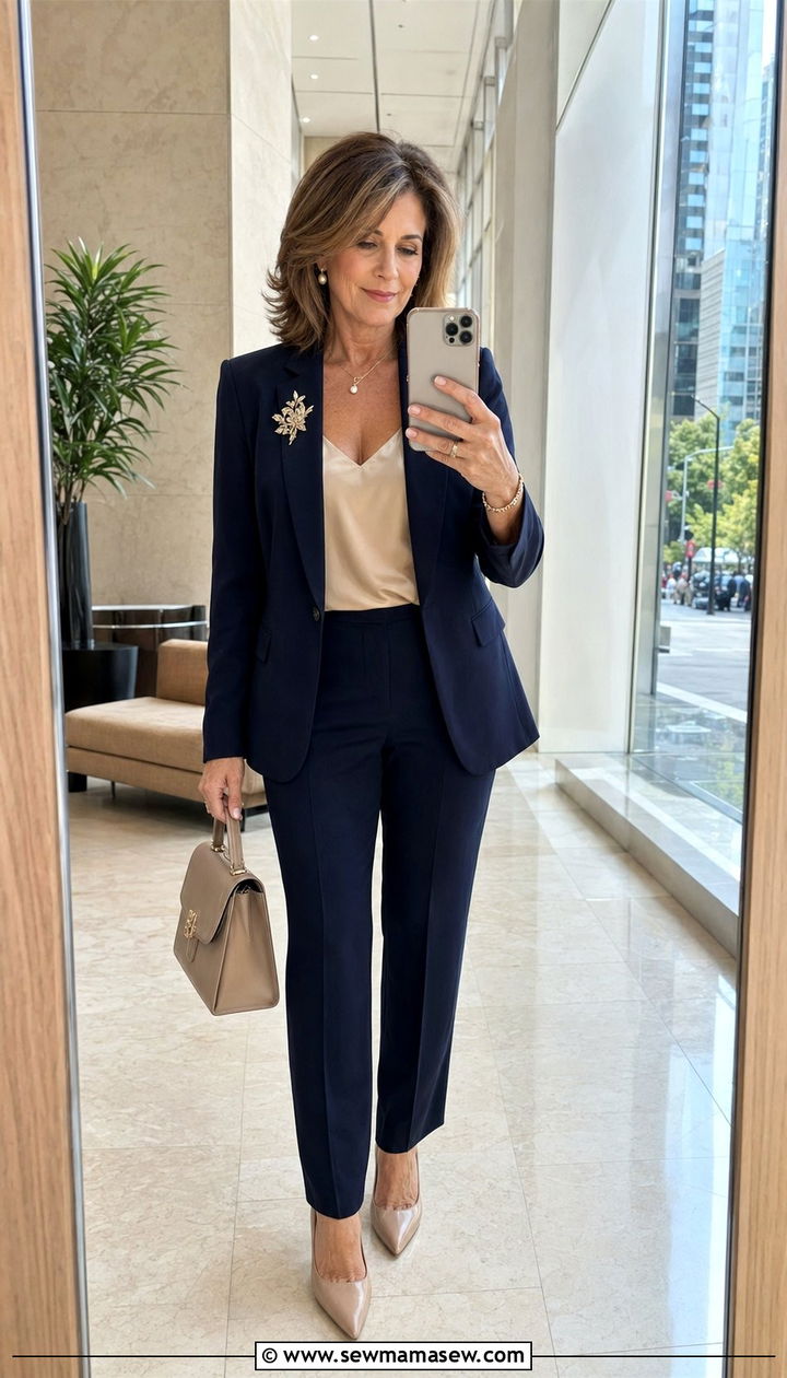 Tailored Navy Pantsuit With Silk Camisole - 35 Mother of the groom outfit ideas