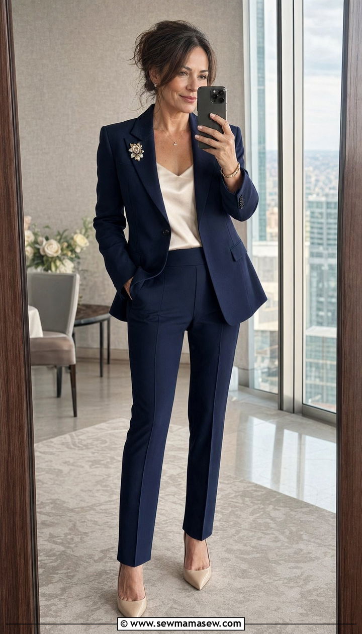Tailored Navy Pantsuit With Silk Shell - 30 Wedding guest outfits for mom