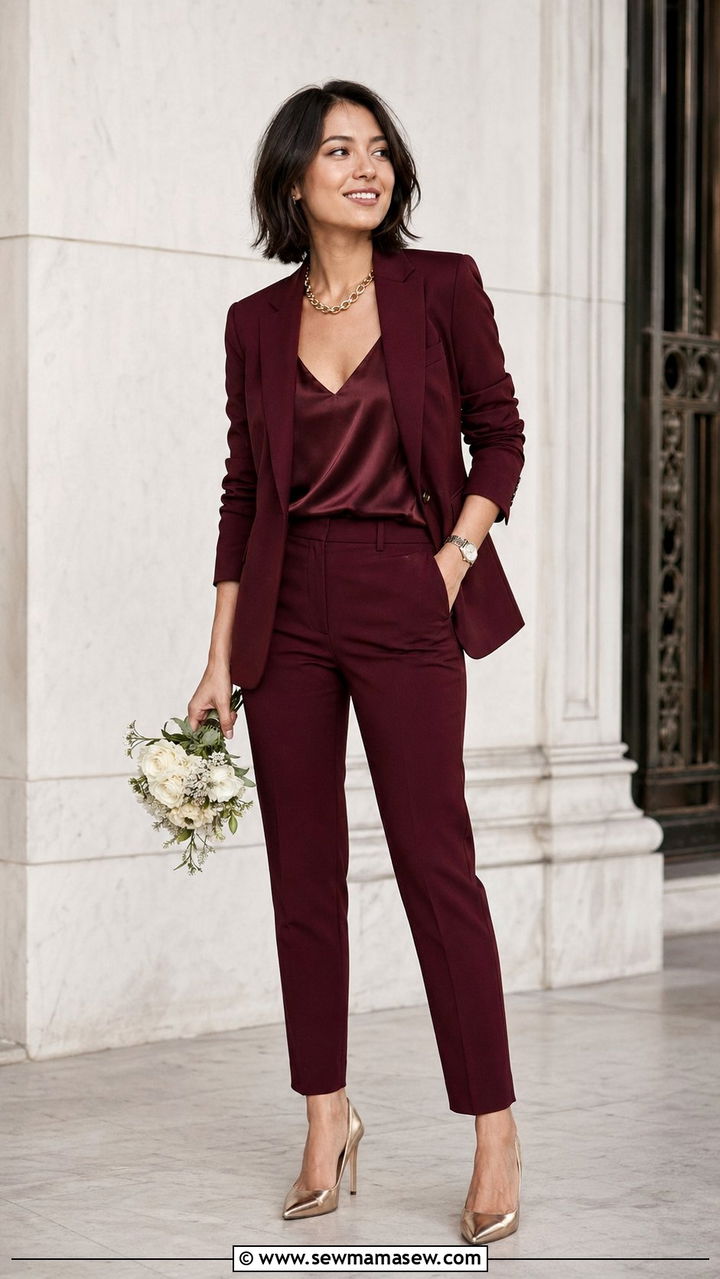 Tailored Suit With Silk Cami and Pointed Pumps - 35 Petite outfit ideas for wedding guest