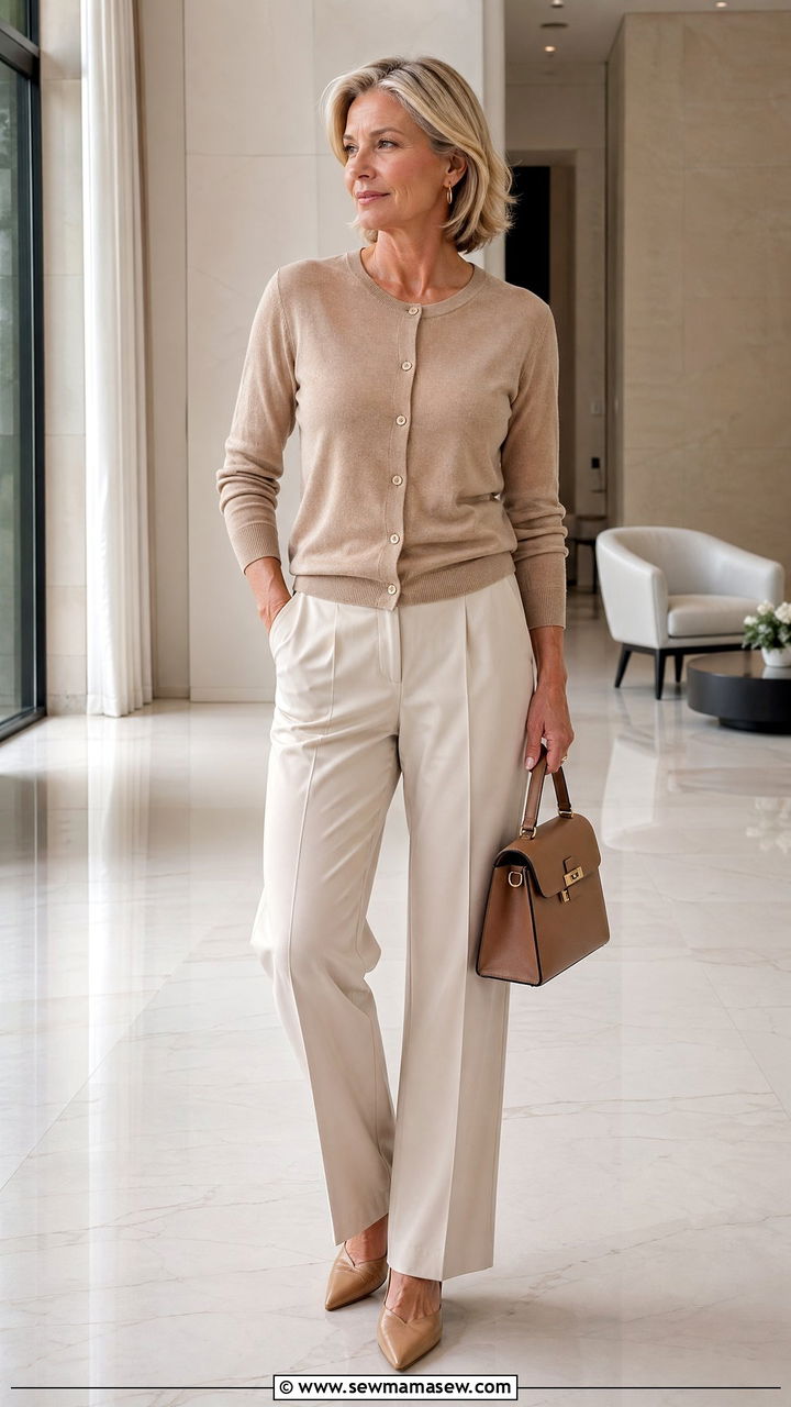 Tailored Trousers With A Cotton Cardigan Outfit For Women Over 50 - 35 Casual outfits for women over 50