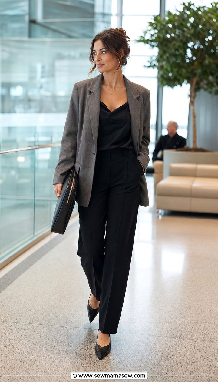 Tailored Trousers With Silk Blend Tank And Blazer - 30 Airport outfit ideas long haul flight