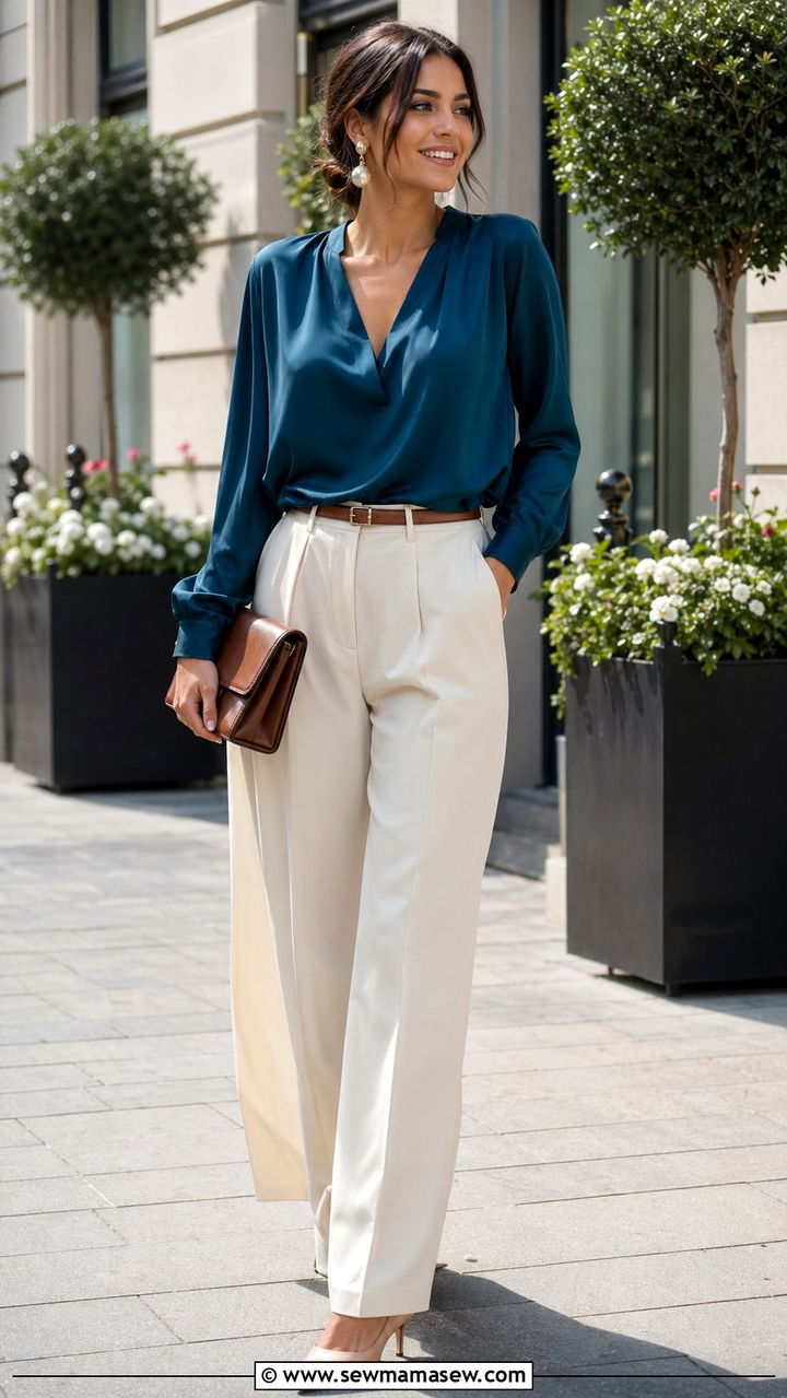 Tailored Trousers and Silk Blouse Wedding Guest Outfit - 30 what to wear to a spring wedding guest