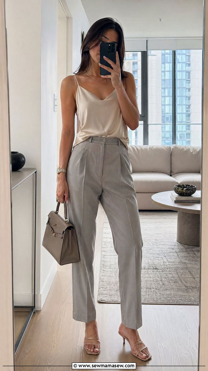 Tailored Trousers and Silk Camisole Summer Scandinavian Outfit - 35 summer scandinavian outfit ideas