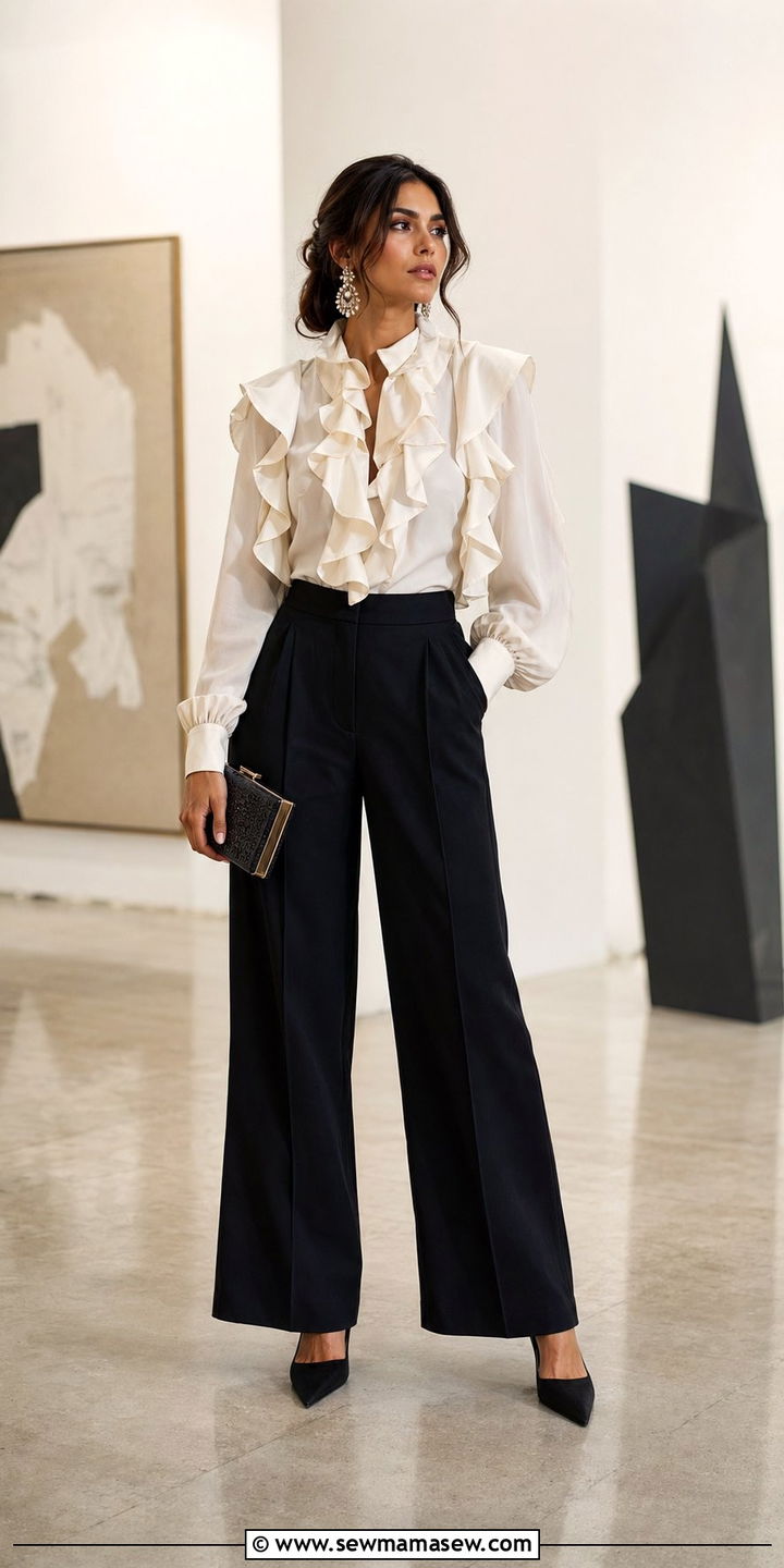 Tailored Trousers and Statement Blouse Wedding Guest Outfit - 30 wedding guest outfits aesthetic