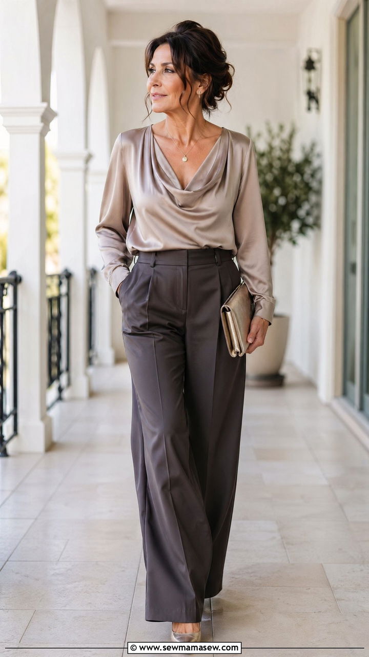 Tailored Trousers with Silk Blouse for Semi Formal Wedding - 35 Wedding guest outfits for women over 40