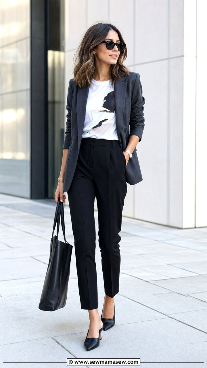 Tailored Trousers with a Graphic Tee and Blazer - 30 Work outfit ideas for casual Friday