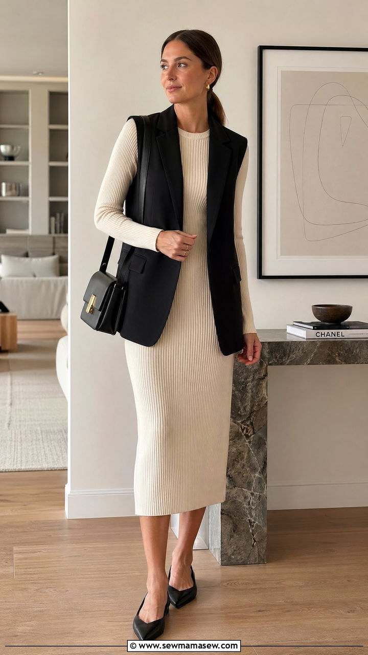 Tailored Vest Layered Over A Long Sleeve Dress Outfit - 35 Copenhagen outfit ideas
