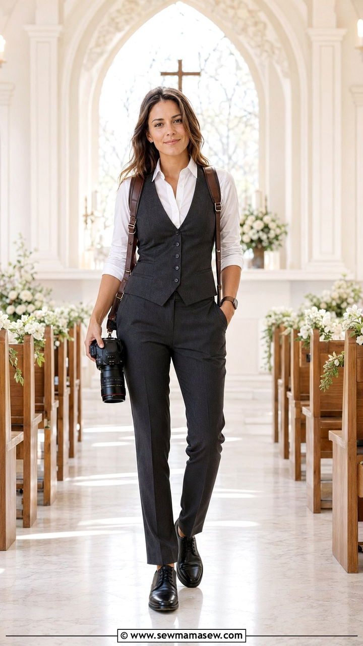 Tailored Vest With Dark Trousers and a Crisp White Button Down - 30 Wedding photographer outfit ideas