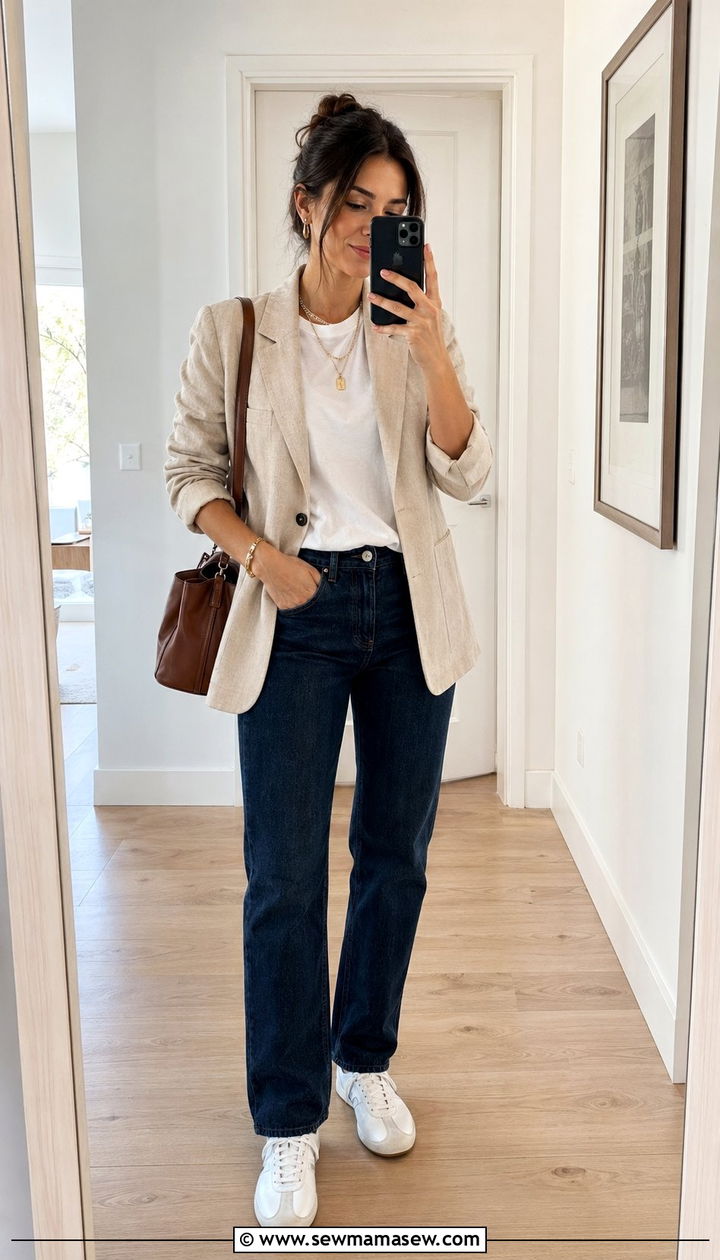Tailored blazer and straight leg jeans outfit Barcelona - 30 Barcelona vacation outfit ideas