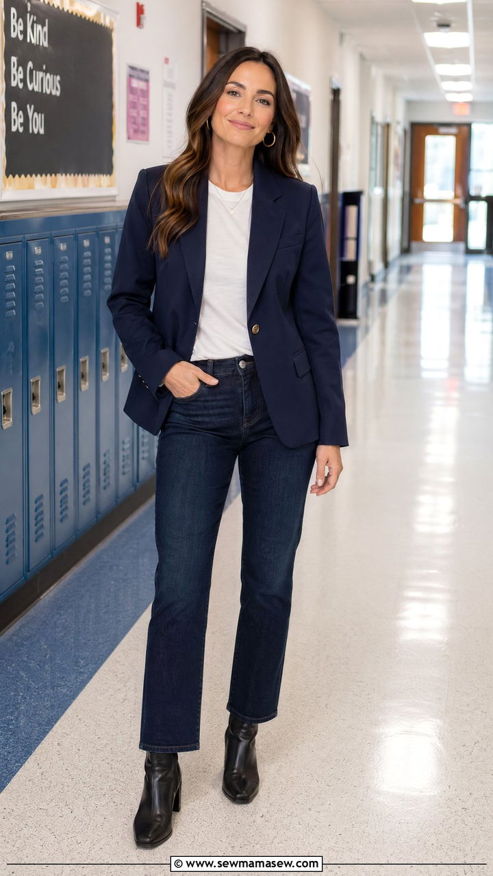 Tailored blazer over white tee with dark jeans and ankle boots - 35 Teacher outfit ideas for school