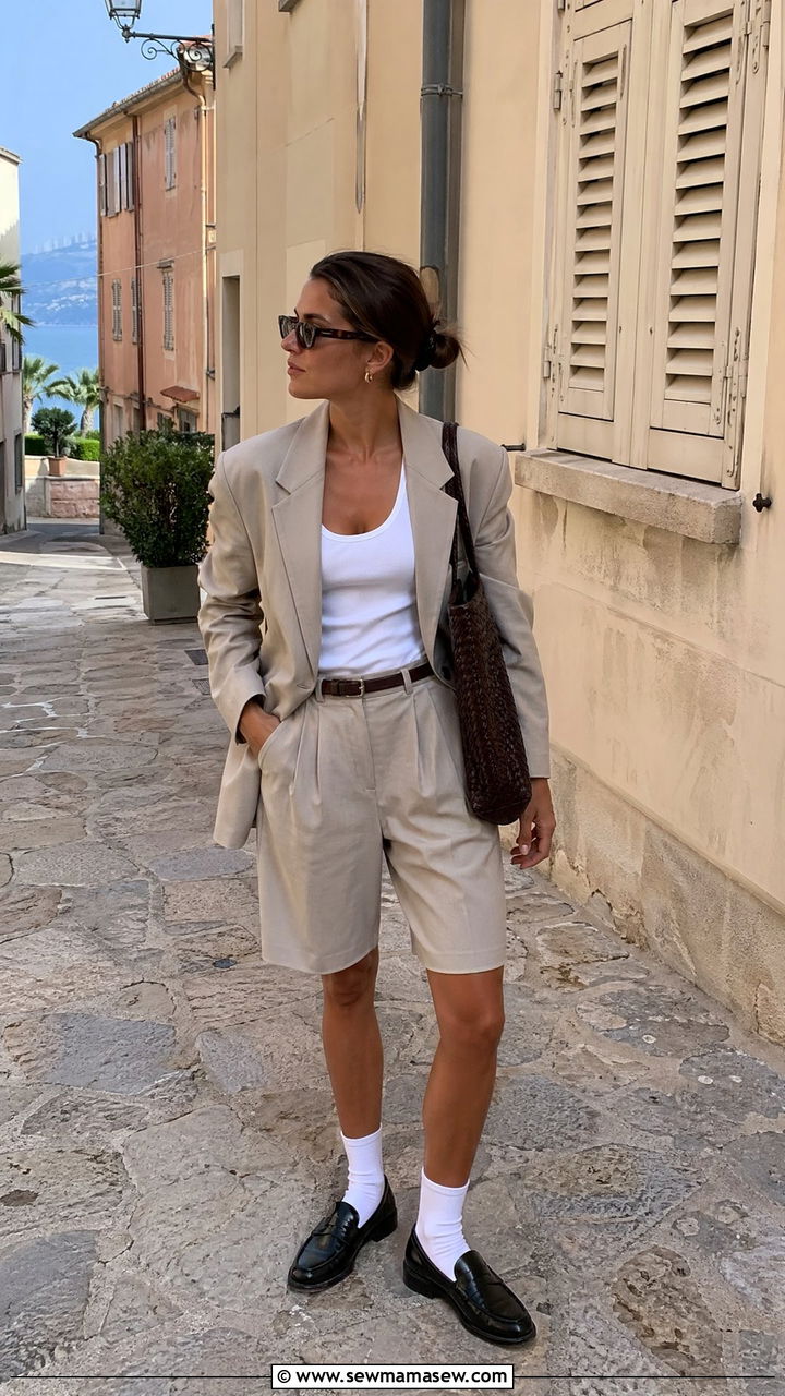 Tailored blazer with bermuda shorts and loafers - 35 transitional french girl outfit ideas