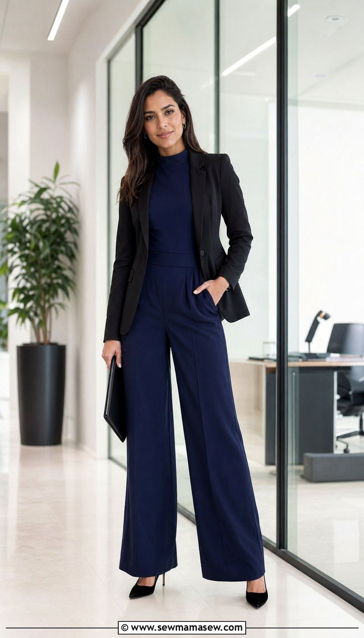 Tailored jumpsuit with blazer and pumps outfit - 35 Modest work outfit ideas