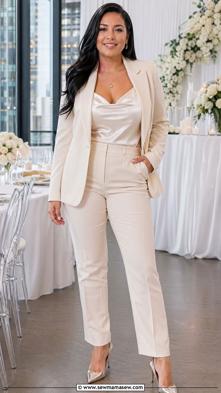 Tailored pantsuit with silk camisole and pointed heels - 35 Wedding guest outfits for curvy women