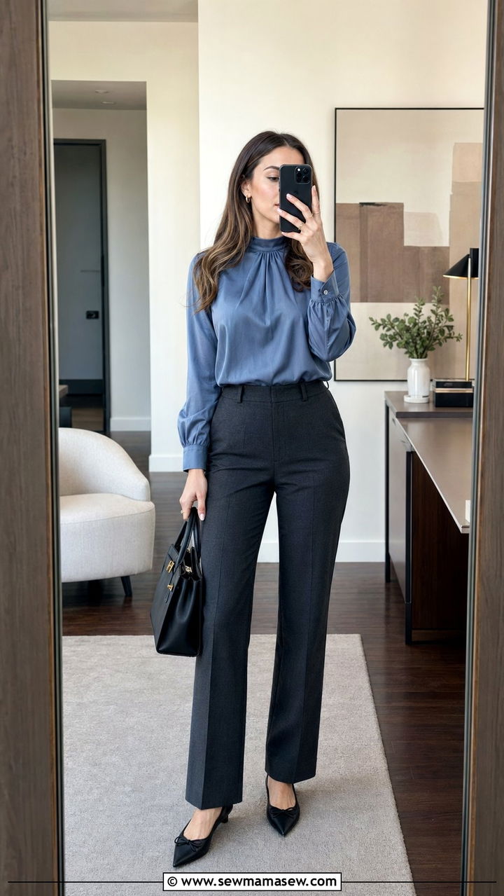 Tailored straight leg trousers with silk blouse and pointed flats - 35 Modest outfit ideas for office