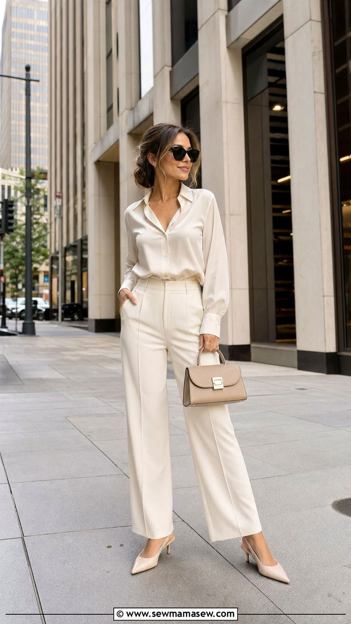 Tailored trousers and silk blouse outfit - 35 Petite outfit ideas hacks