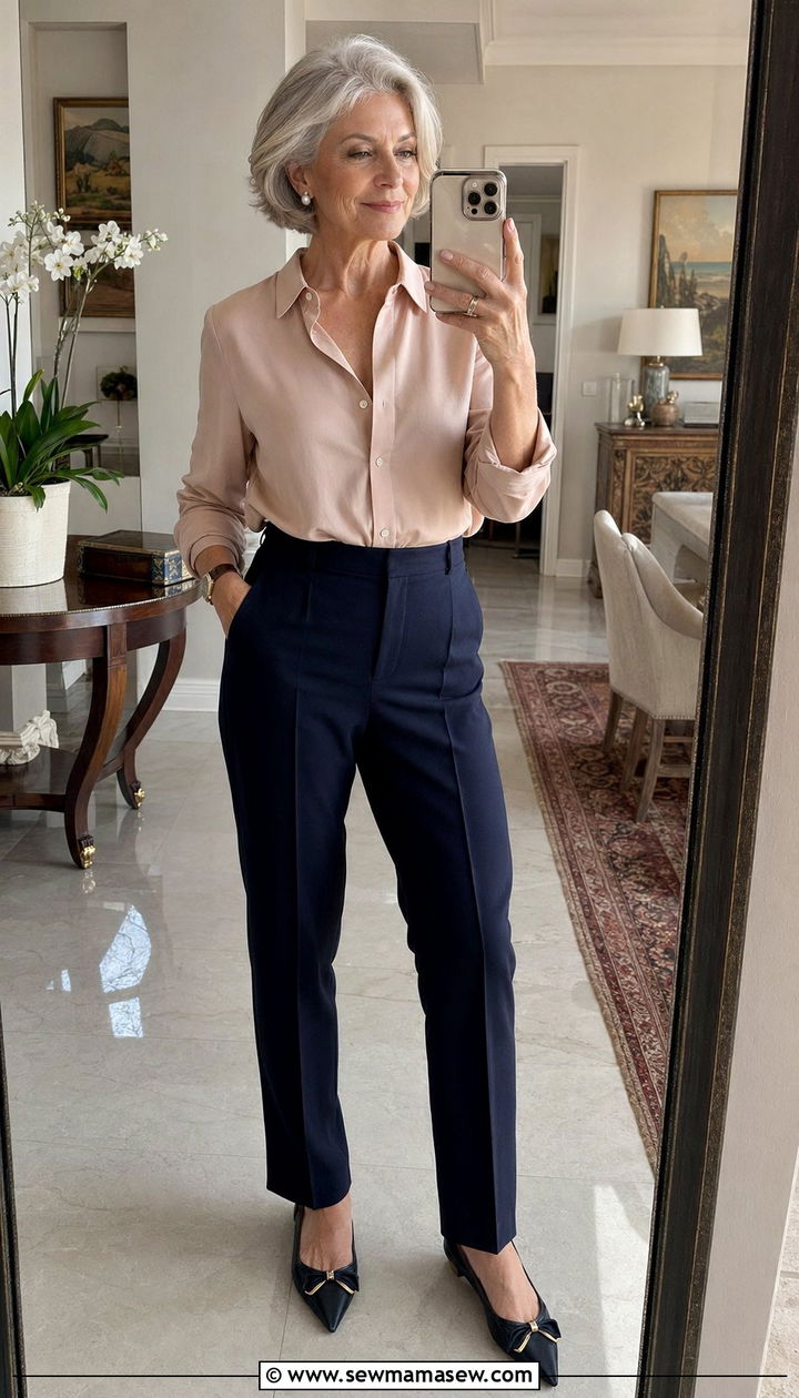 Tailored trousers with silk blouse - 35 Outfit ideas for women over 60