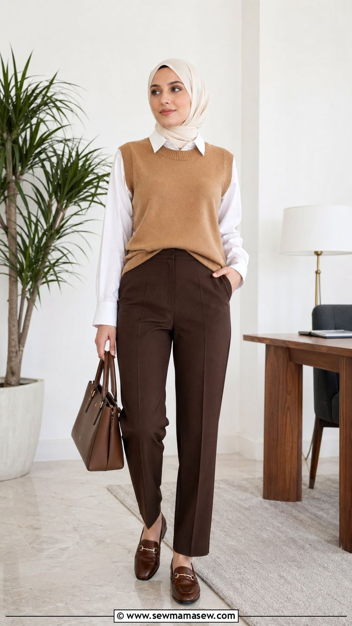 Tailored trousers with sweater vest - 35 Modest outfit ideas for hijabis