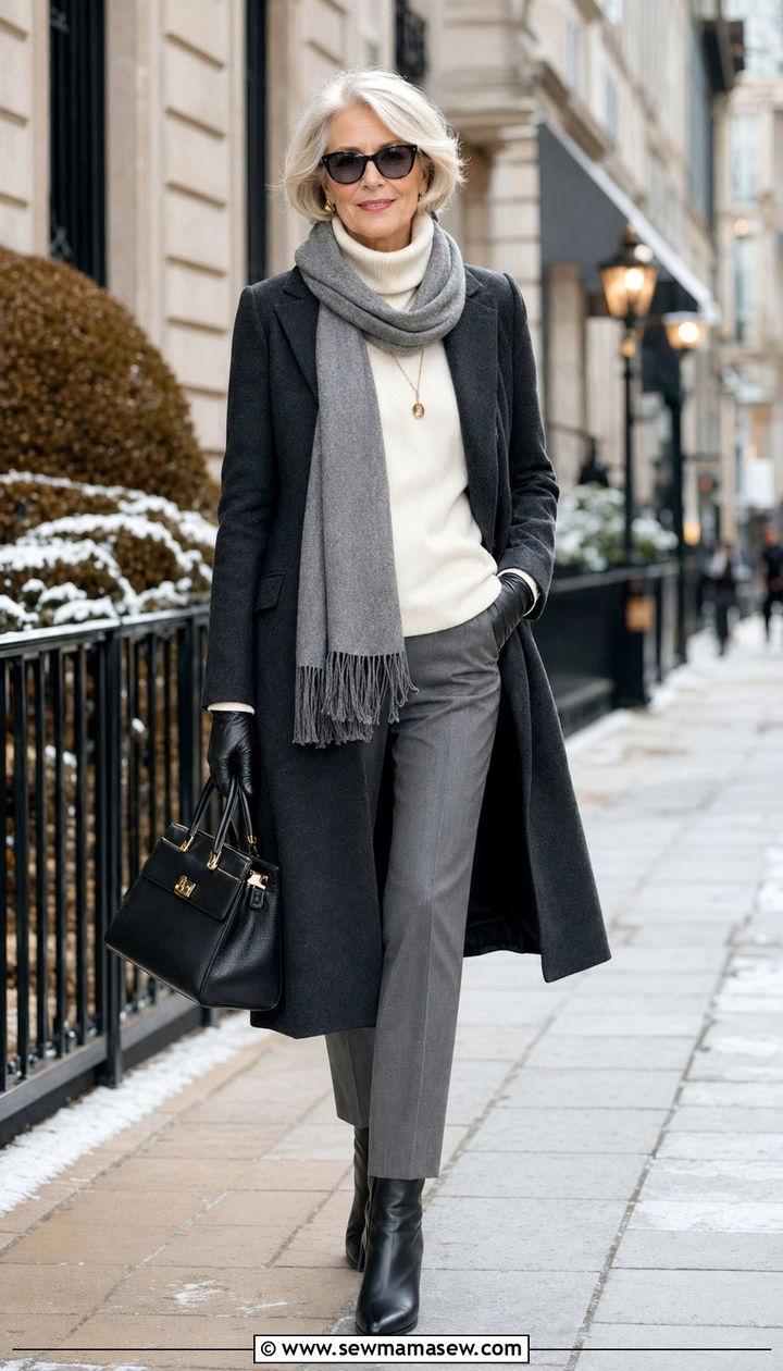 Tailored wool coat over a fine knit turtleneck and slim trousers - 35 Old money outfit ideas for women over 60
