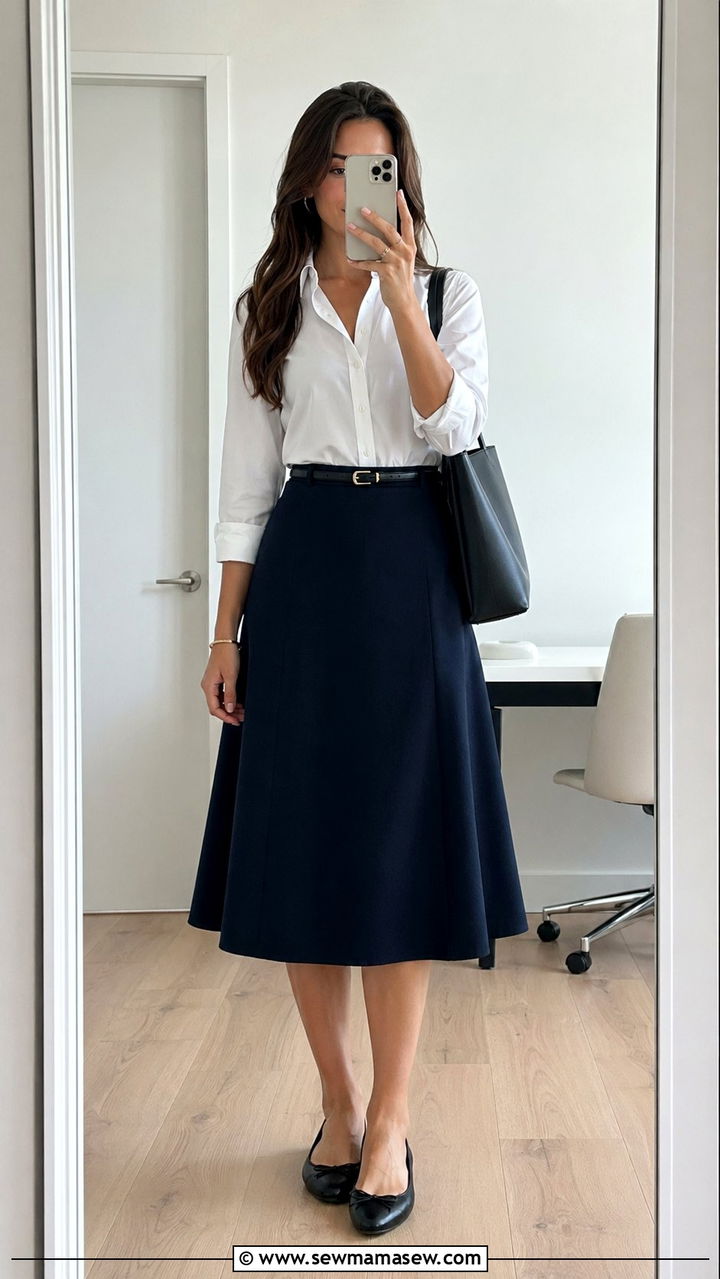 Tall A line midi skirt with a tucked in button down shirt and ballet flats - 30 Work outfits for tall women