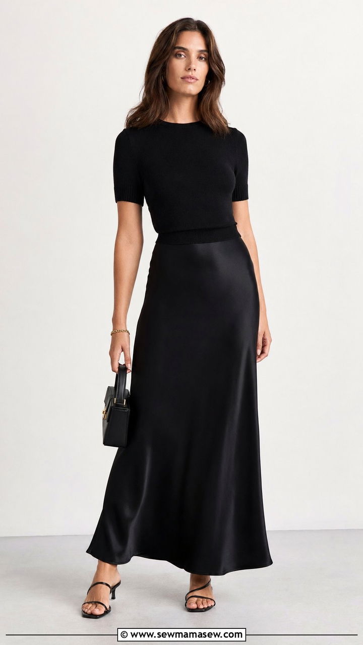 Tall black maxi slip skirt with a fitted knit top and kitten heels - 30 Work outfits for tall women