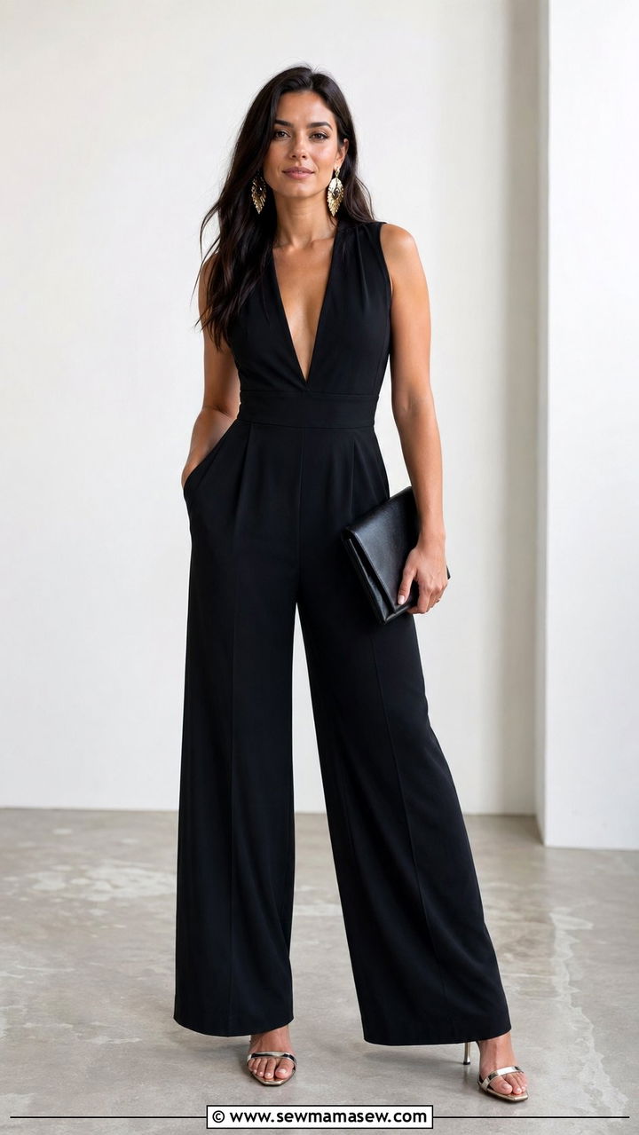 Tall black wide leg jumpsuit with statement earrings and metallic heels - 30 Work outfits for tall women