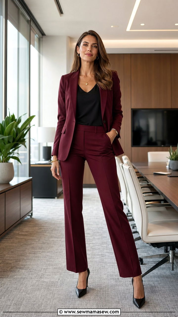 Tall burgundy suit with a black shell and matching pumps - 30 Work outfits for tall women