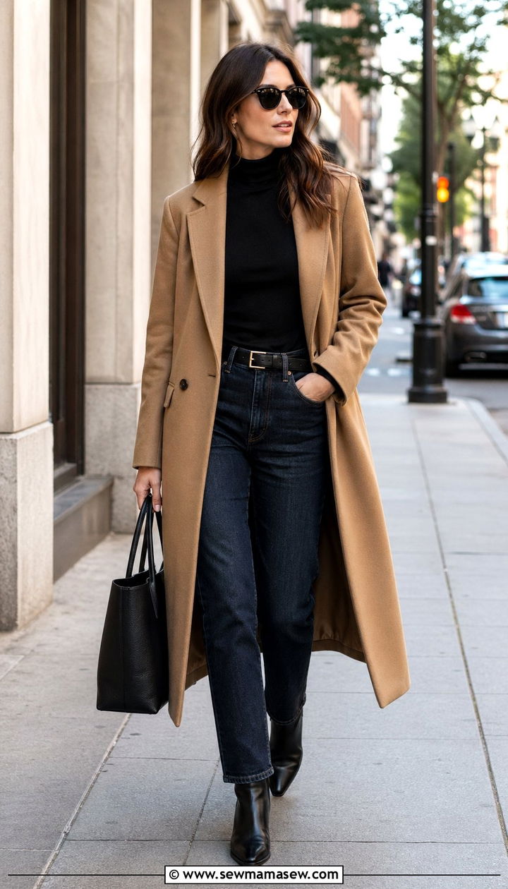 Tall camel coat over a black turtleneck and dark wash straight leg jeans - 30 Work outfits for tall women
