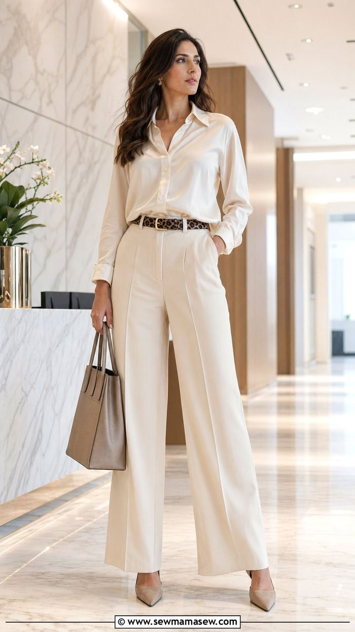 Tall cream wide leg trousers with a silk blouse and leopard print belt - 30 Work outfits for tall women
