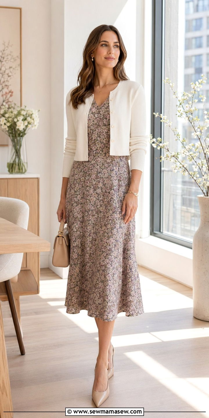 Tall floral midi dress with a cropped cardigan and nude slingbacks - 30 Work outfits for tall women