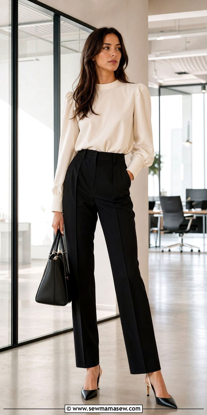 Tall high waisted trousers with a puff sleeve blouse and slingbacks - 30 Work outfits for tall women