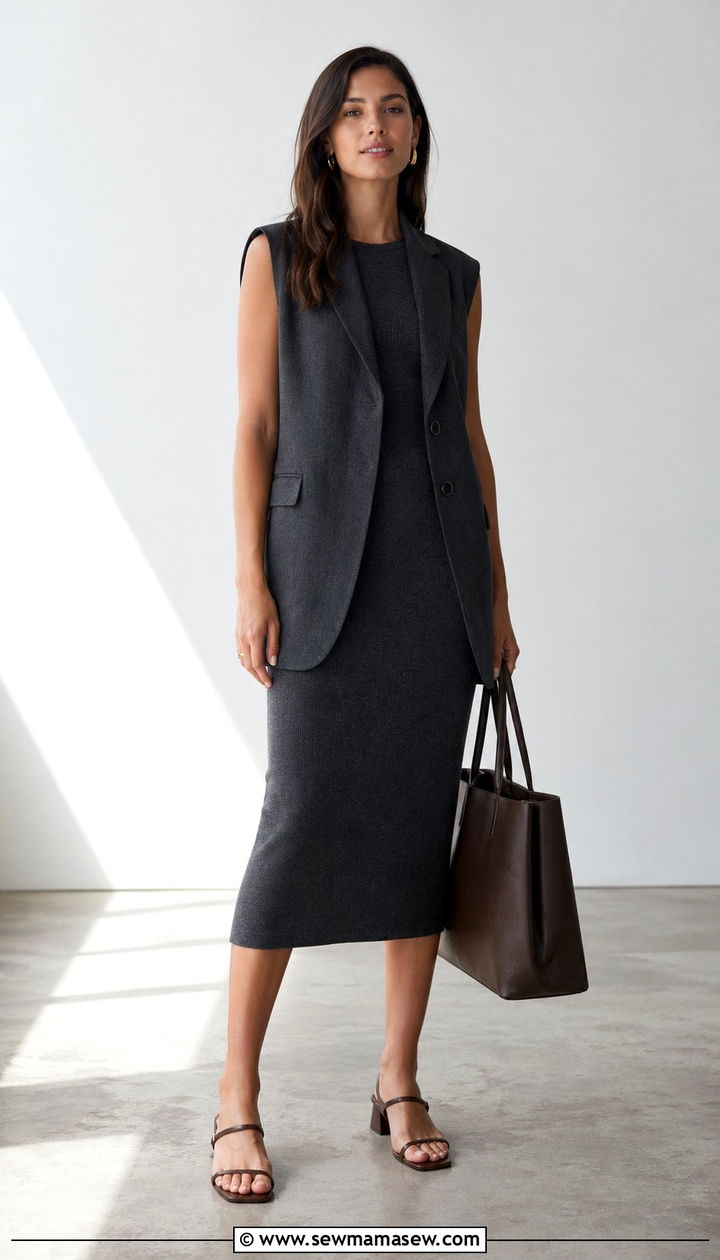 Tall knit midi dress with a longline tailored vest and low heels - 30 Work outfits for tall women