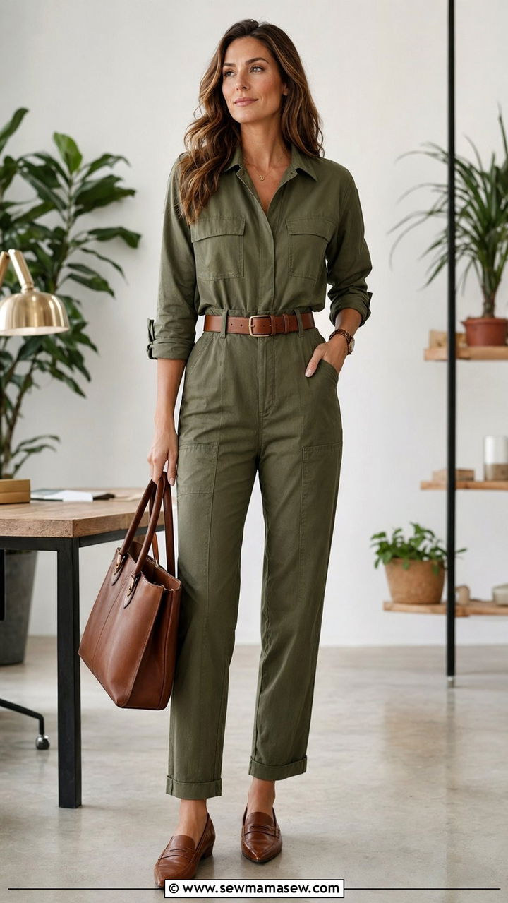 Tall olive green utility jumpsuit with a brown belt and structured tote - 30 Work outfits for tall women
