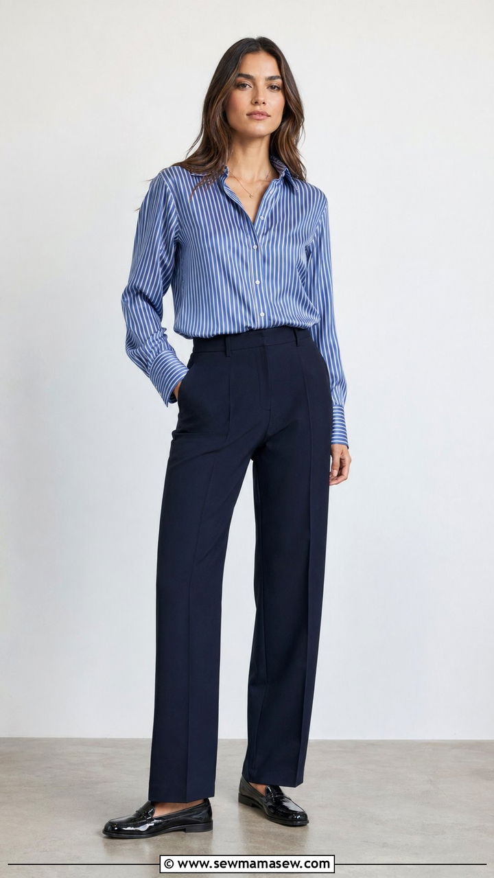 Tall striped blouse with straight leg trousers and patent leather loafers - 30 Work outfits for tall women