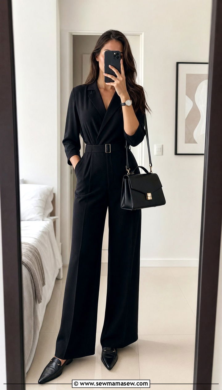 Tall tailored jumpsuit with a belt and pointed toe loafers - 30 Work outfits for tall women
