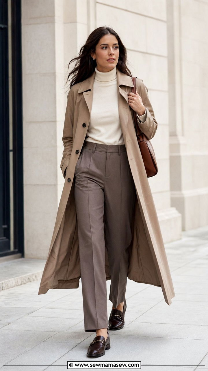 Tall trench coat over straight leg trousers and a lightweight turtleneck - 30 Work outfits for tall women