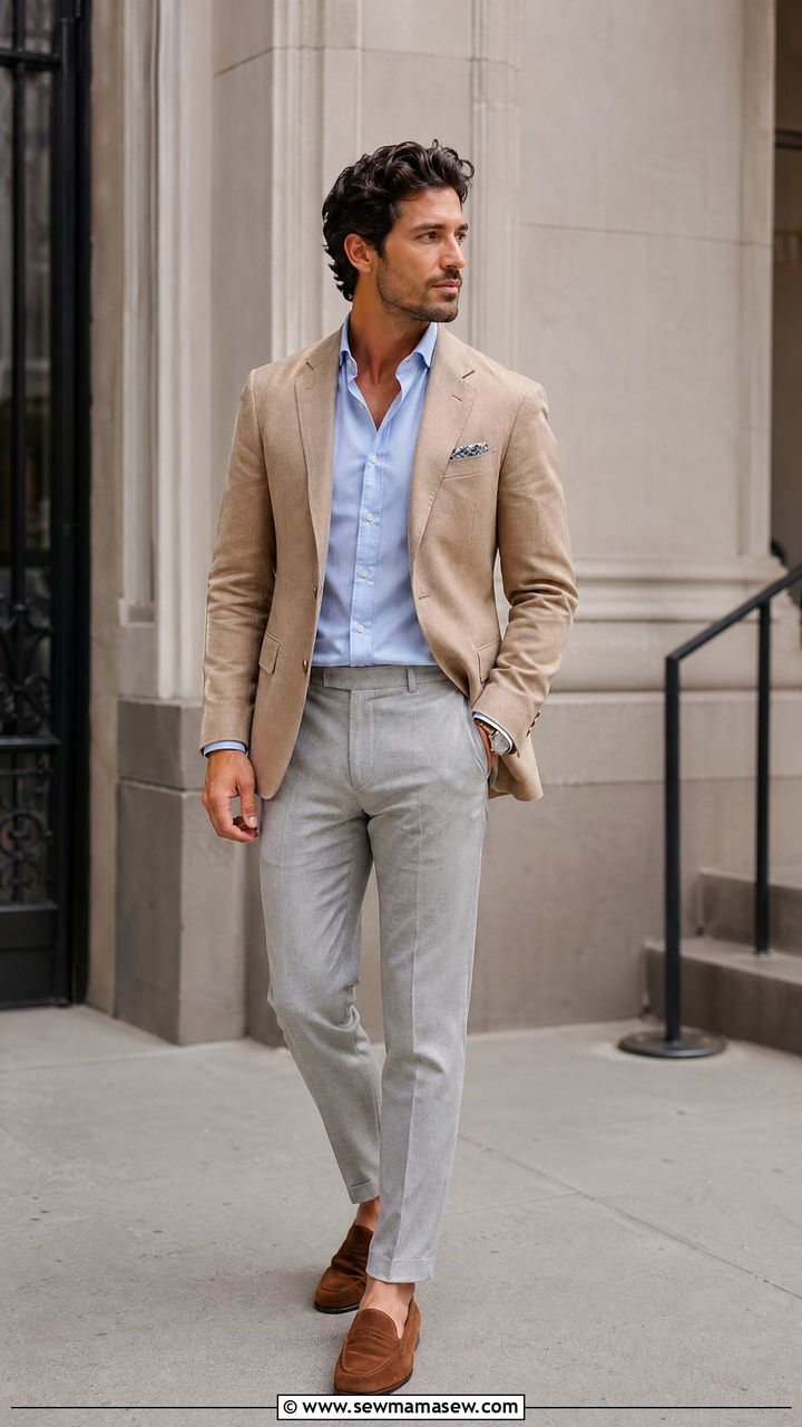 Tan Blazer with Light Gray Trousers - 35 Courthouse wedding guest outfits