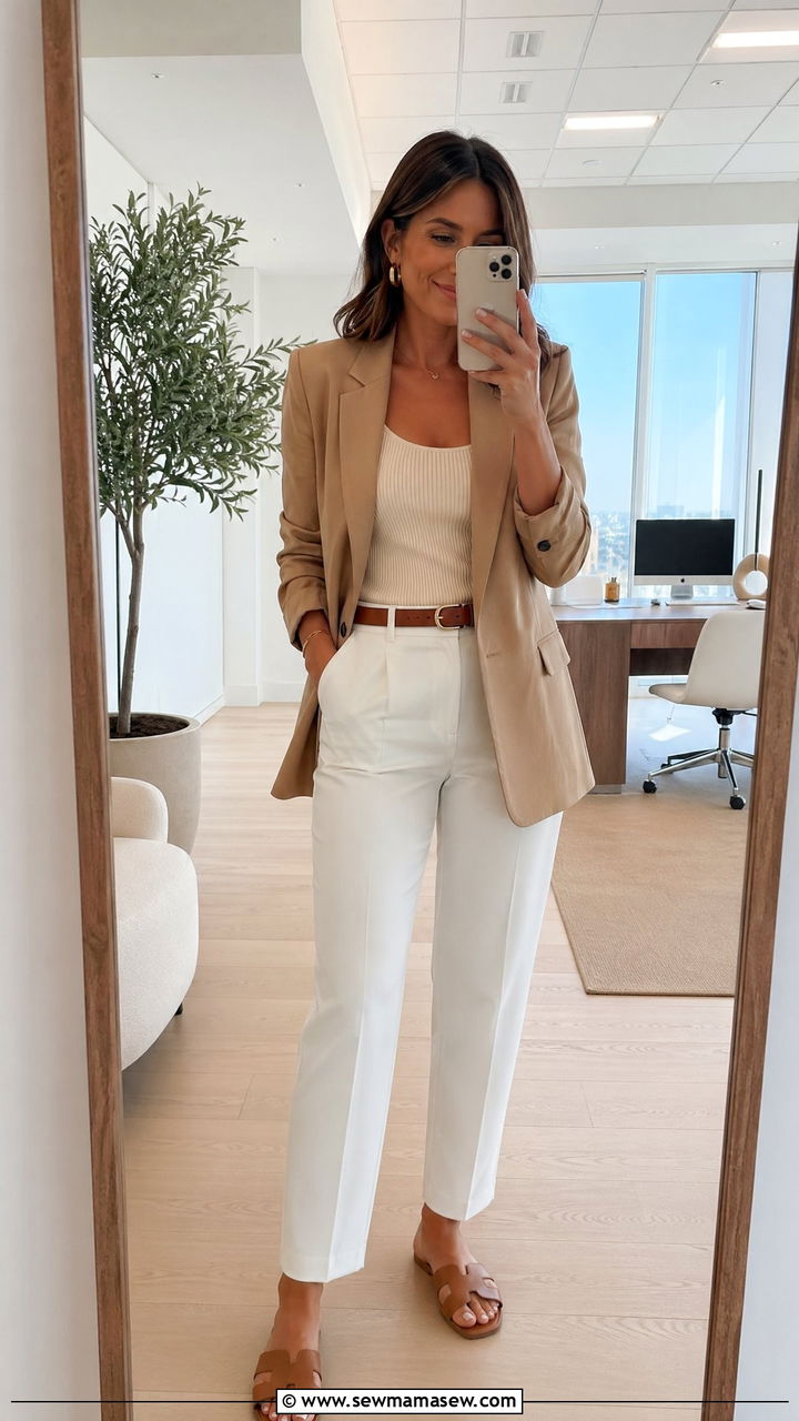 Tan Blazer with Tank Top and White Trousers - 35 Summer outfits with blazers