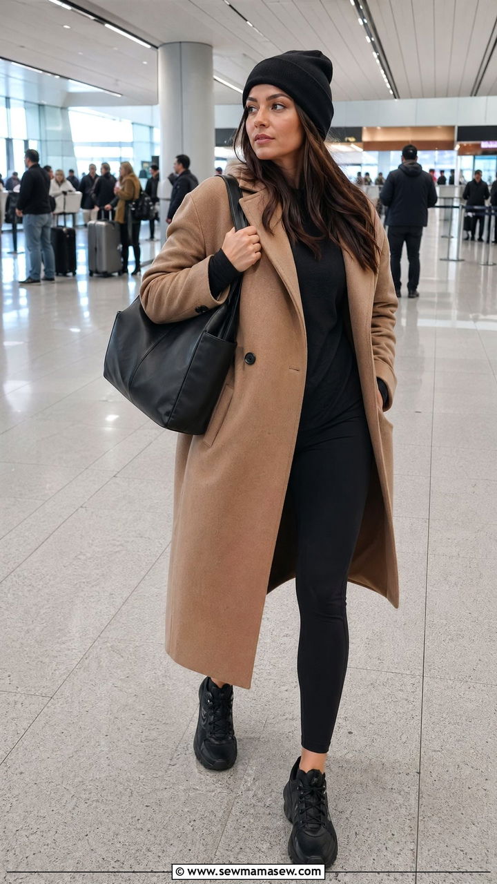 Tan Coat with Black Leggings - 35 Tan and black outfit ideas