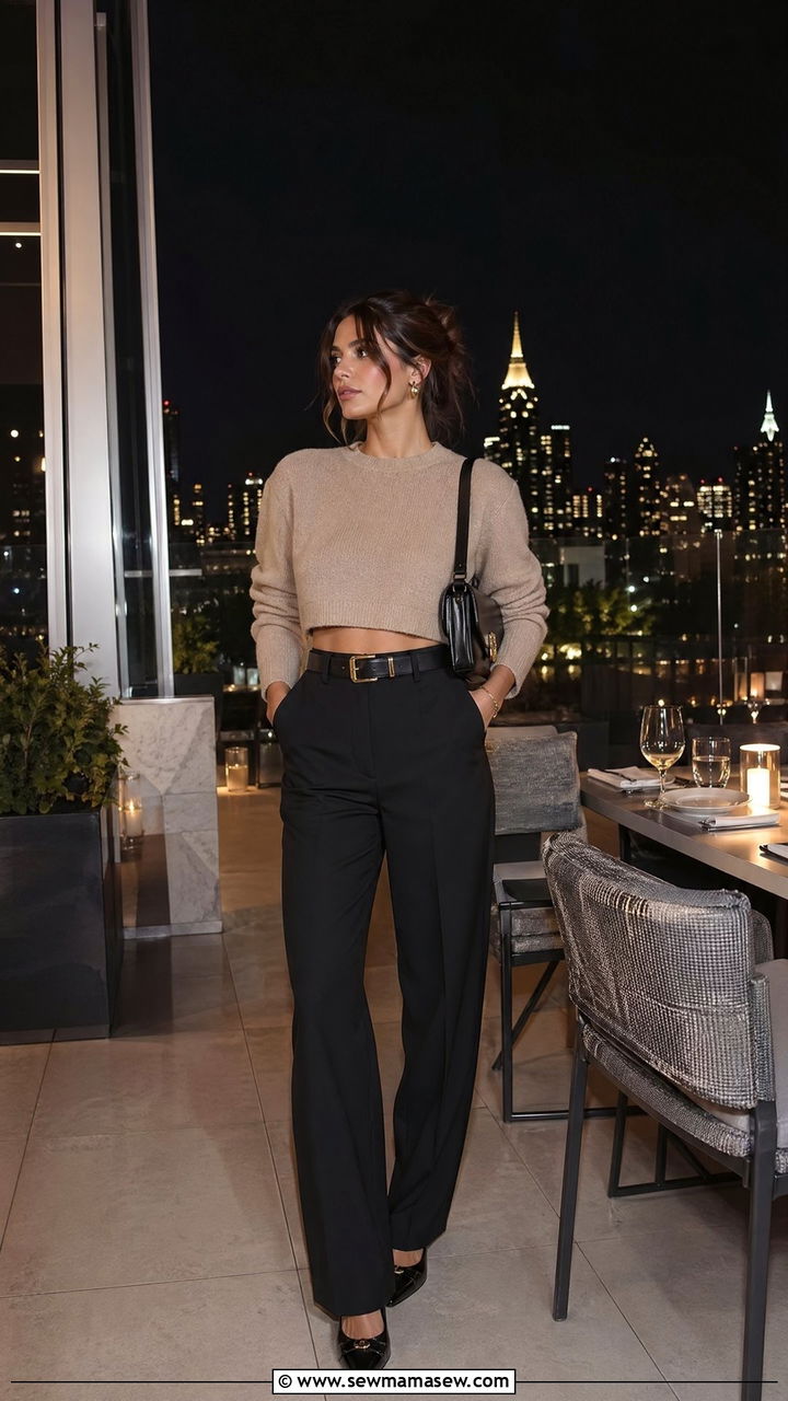 Tan Cropped Sweater with Black High Waist Trousers - 35 Tan and black outfit ideas
