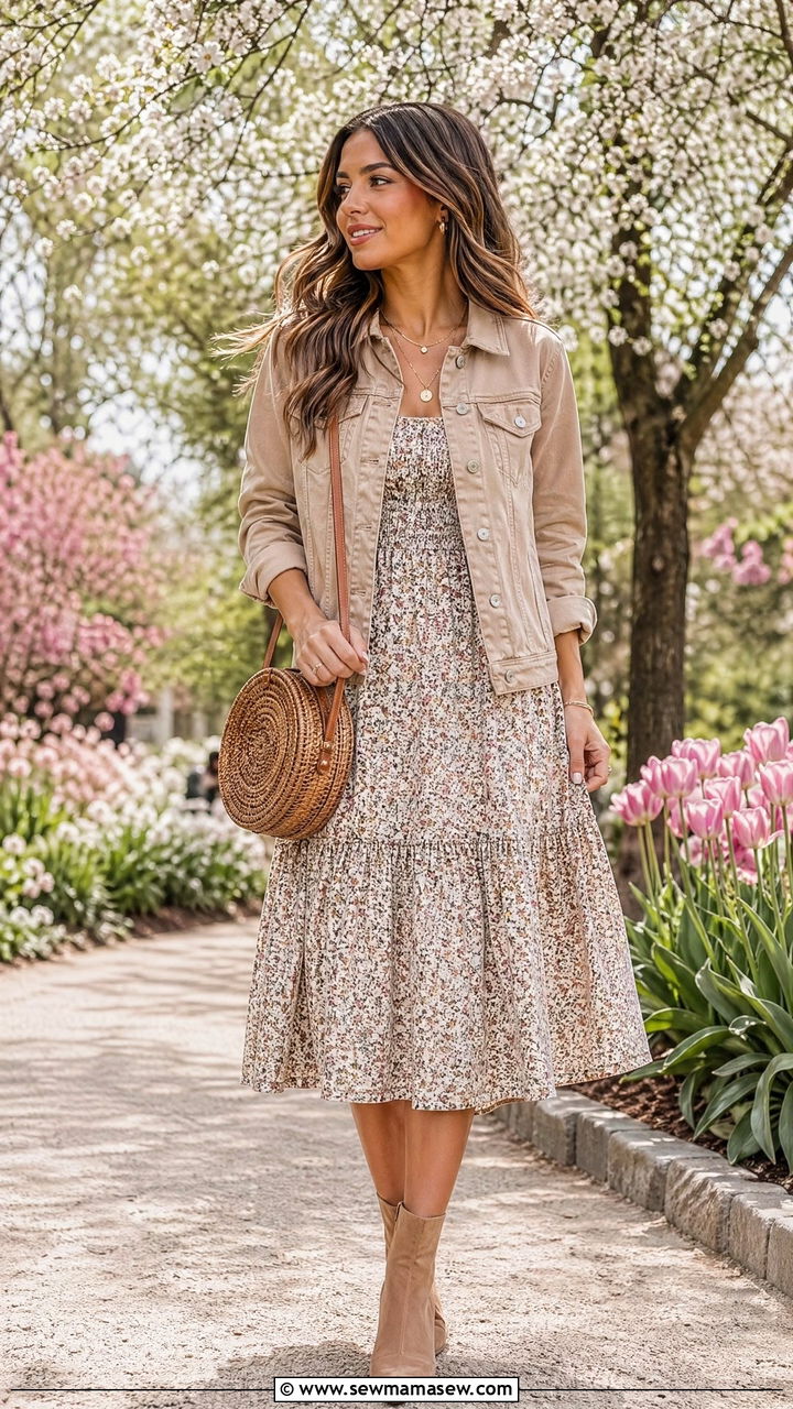 Tan Denim Jacket And Floral Dress - 35 Tan outfit ideas